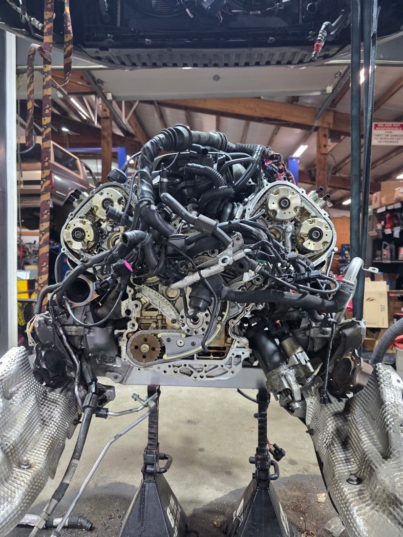 A V8 short block on the stand mid-rebuild