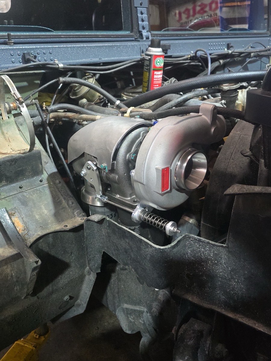 Turbocharger installation detail on a diesel engine